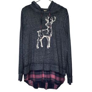 BASS CASUAL COMFY RAINDEER PRINT 2 FER LAYERED HOODED SWEATSHIRT TUNIC TOP XL